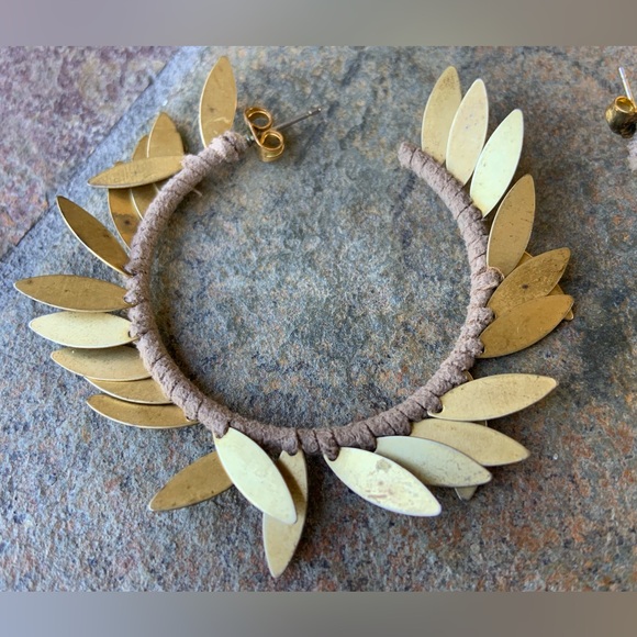 Leather & Brass Fringe Large Hoop Earrings - Picture 6 of 7